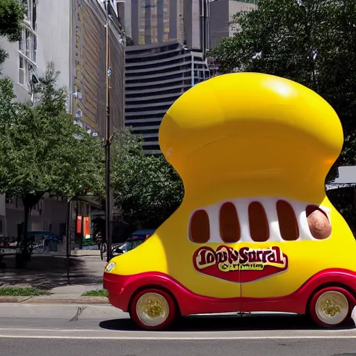 Image similar to very weird, very wrong concept of the Oscar Mayer Wienermobile on the street, photograph