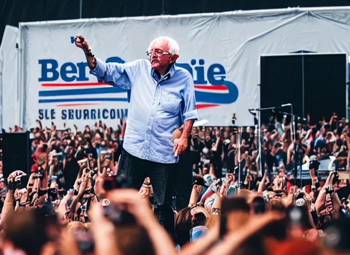 Image similar to photo still of bernie sanders at vans warped tour!!!!!!!! at age 8 0 years old 8 0 years of age!!!!!!! on stage shredding guitar, 8 k, 8 5 mm f 1. 8, studio lighting, rim light, right side key light