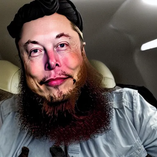 Image similar to elon musk wearing a long beard joining the taliban while riding a motorcycle