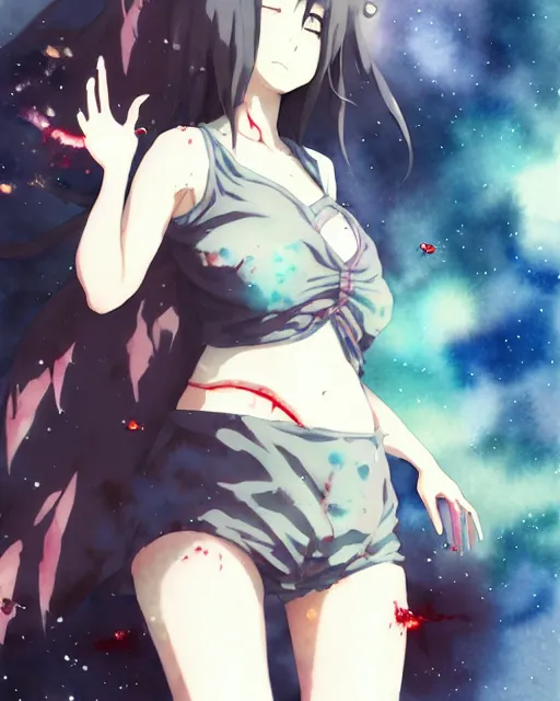 Image similar to oriental water color of a cute thicc damaged zombie woman, floating through space, backlit, by makoto shinkai and krenz cushart