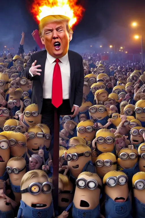 Prompt: trump with blond hair as a minion standing in front of a riot, pixar style, intricate, portrait, 8 k highly professionally detailed, hdr, cgsociety