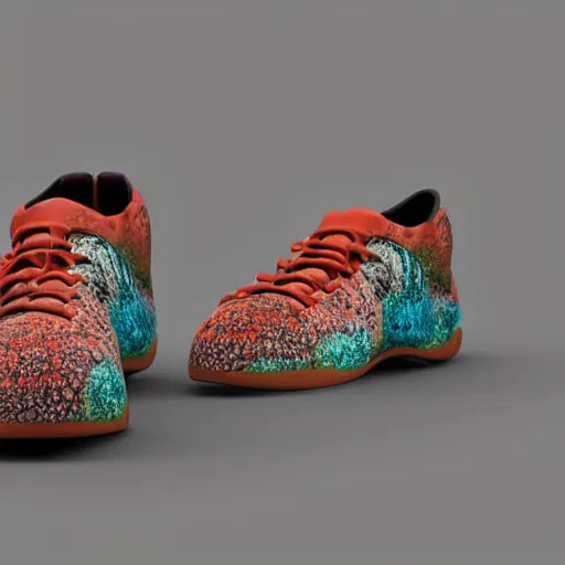 Prompt: a 3 d product render of a shoe inspired by coral reef. the render is done in keyshot, trending on behance made by an industrial designer on behance, low detail, high quality, keyshot, octane, product render