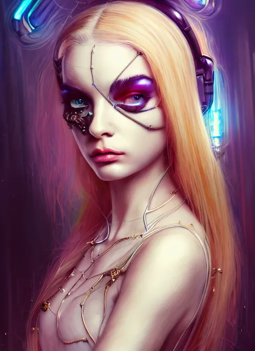 Image similar to soft lustrous ivory biotech raver clowncore madison beer gothic cyborg, earbuds, golden ratio, details, sci - fi, fantasy, cyberpunk, intricate, decadent, highly detailed, digital painting, ever after high, octane render, artstation, concept art, smooth, sharp focus, illustration, art by artgerm, loish, wlop