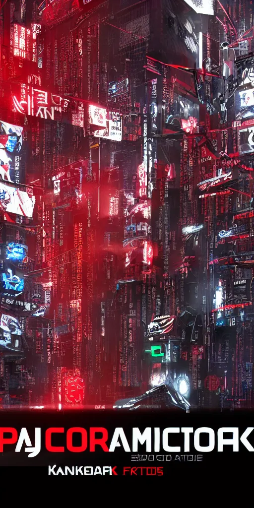 Image similar to a photo of a banner with symbols, cyberpunk logos of megacorporations, kanji and symbols, black white red, sci fi font, graphic design, 8 k, innate studio