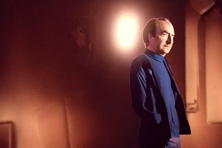 Image similar to A film still of Bob Odenkirk in a Star Trek: The Next Generation, sitting in Ten Forward, dramatic lighting