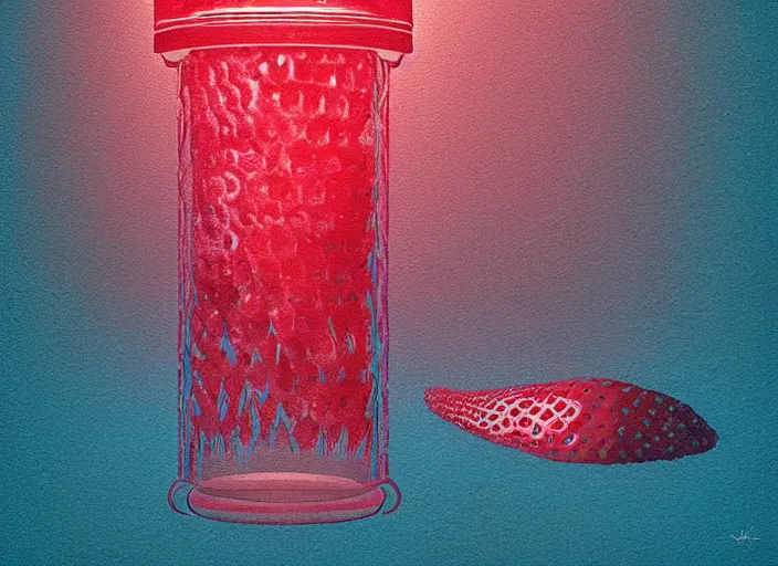 Image similar to ( ( dithered ) ), strawberries blueberries sliced kiwi sliced lemon inside a clear drinking bottle, isometric, modern art deco, mads berg, karolis strautniekas, christopher balaskas, stippled light, fog, moody, fine texture, editorial illustration, dramatic lighting, dynamic composition, detailed, matte print, muted color