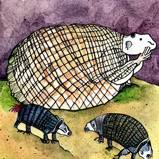 Image similar to armadillo reading the bible children's storybook illustration, ink and watercolor