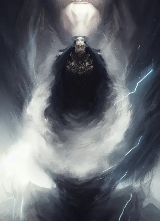 Image similar to long-shot portrait of a pale wise man who created the universe, wolf god. In style of Hyung-tae Kim and Greg Rutkowski, concept art, trending on ArtStation, over-detailed art, 8K, epic, dynamic lightning, dramatic pose.