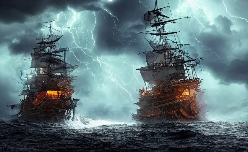 Prompt: “ a pirate ship in a treacherous lightning storm being attacked by a colossal seamonster, by igor morski, by peter morbacher, by robert hubert, rendered in octane, 8 k resolution, photorealistic, realistic shadows, trending on artstation ”