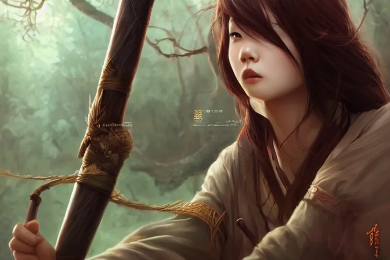 Prompt: beautiful cinematic fantasy poster, asian woman side view using a bokken in forest, wooden sword ; by artgerm ; wayne n reynolds art station ; cinematic quality character render ; high quality ac - h 9 6 0