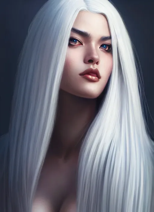 Image similar to a gorgeous female with longwhite hair in the style of stefan kostic, realistic, full body shot, wide angle, sharp focus, 8 k high definition, insanely detailed, intricate, elegant, art by stanley lau and artgerm, floating embers