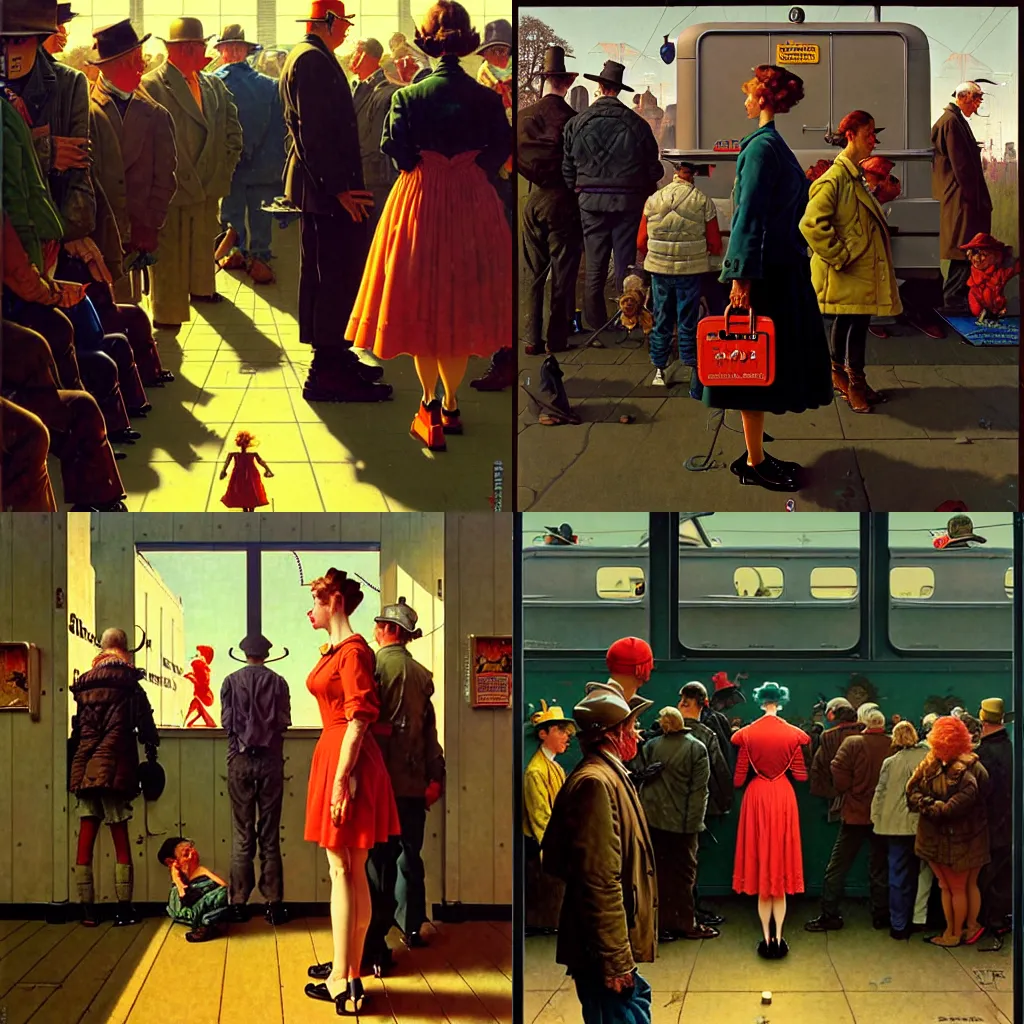 Prompt: a person being shunned by a crowd by simon stalenhag and norman rockwell and gil elvgren