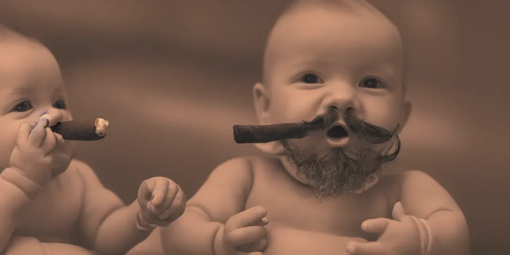 Prompt: a phtorealistic of an baby with a beard and mustache smoking a big cigar in a bar