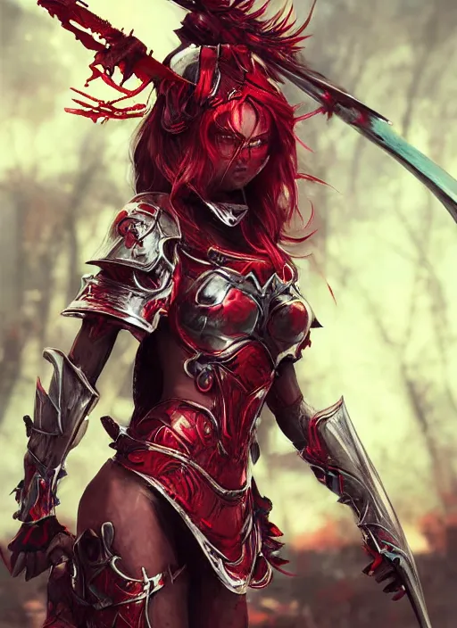 Prompt: bikini armor female knight, bloody, vibrant, fantasy, intricate, smooth, painted by guweiz