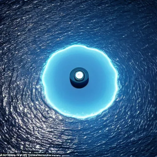 Image similar to a ufo in the shape of a saucer with no apparent propulsion system, glowing in a blue light, photographed above sea water with waves