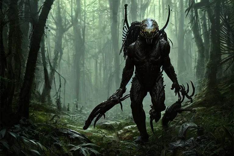 Image similar to ultra realistic, predator walking through dark forest, sci - fi, intricate details, eerie, highly detailed, octane render, 8 k, art by artgerm and alphonse mucha and greg rutkowski