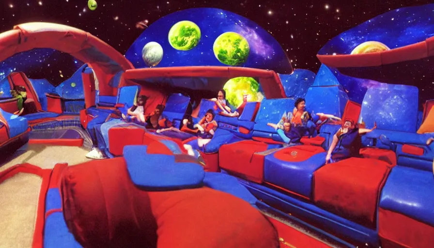 Image similar to 1990s photo of inside the Space Sofa ride at Universal Studios in Orlando, Florida, riding the flying sofa through space , cinematic, UHD