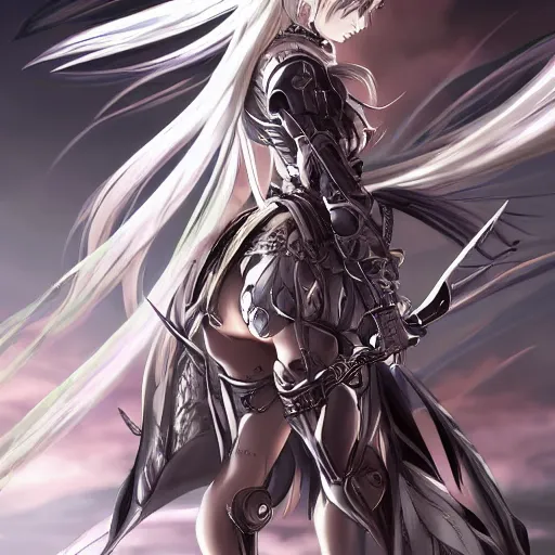 Image similar to full body character design character design of an anime girl with long white hair wearing Elden Ring armor with engraving in the style of Yoji Shinkawa, expressive brush strokes, hairs fluttering on the wing, noisy film grain effect, highly detailed, Renaissance oil painting, weird portrait angle, blurred lost edges, three quarter view