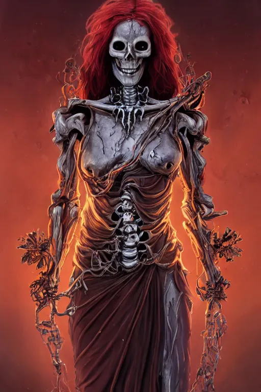 Image similar to woman lich skeleton made of quicksilver covered with blood, long red hair, golden necklace, ultra realistic, concept art, intricate details, highly detailed, photorealistic, octane render, 8 k, unreal engine. dnd art by artgerm and greg rutkowski and alphonse mucha