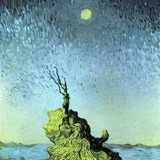 Image similar to illustrated by zdzisław beksinski and van gogh