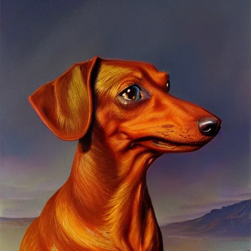 Prompt: Highly detailed portrait of a fire elemental dachshund, painted by Gerald Brom