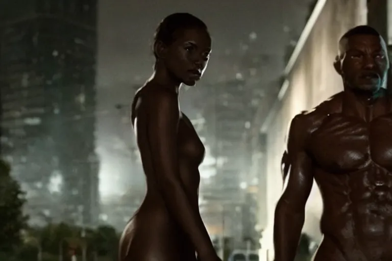 Image similar to movie powerful mutant heroes interracial couple closeup, DC Marvel fashion, VFX powers at night in the city, city street, beautiful skin, natural lighting by Emmanuel Lubezki