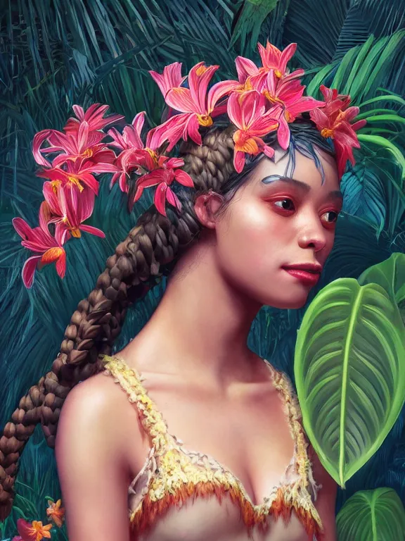 Image similar to beautiful portrait of a Subtropics minority female wearing fantastic costume, pigtail,subtropical plants,subtropical plants flowers,intricate, elegant, highly detailed, dim volumetric lighting, 8k,octane,post-processing,digital painting, trending on artstation, concept art, smooth, sharp focus, illustration,by Tom Bagshaw and Daniel Gerhartz and Albert Aublet and Lawrence Alma-Tadema and alphonse mucha