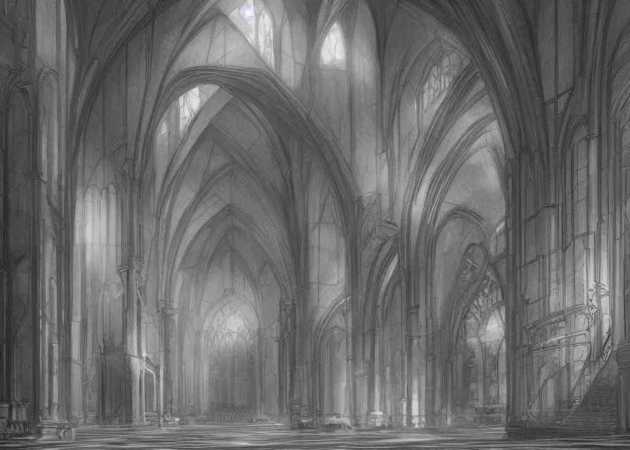 Prompt: interior of a black cathedral, pencil, concept art, detailed, 4k, artstation