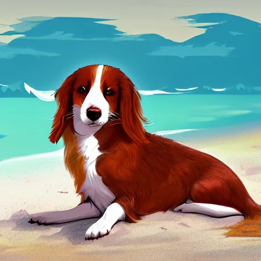 Image similar to kooikerhondje doge sleeping in the beach, high quality, artstation, 4k