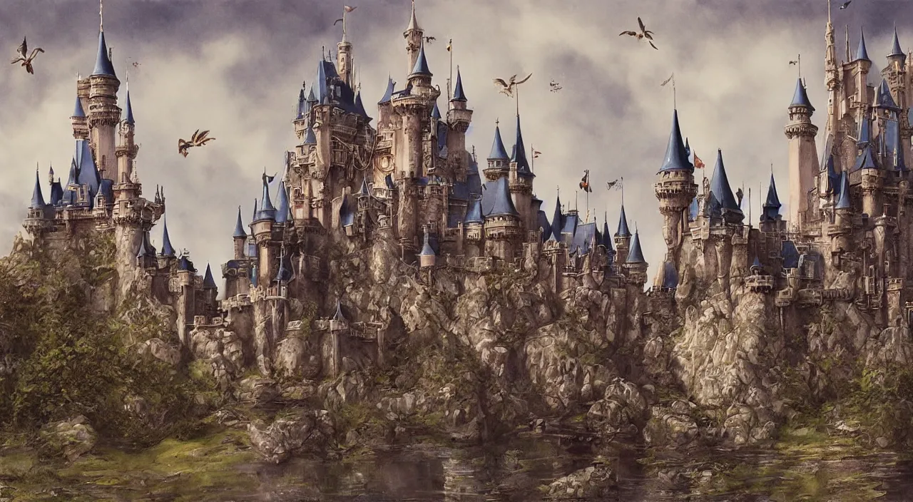 Image similar to disney fantasy castle. Jean-Baptiste Monge and Alex Ross a artwork of a gothic revival castle