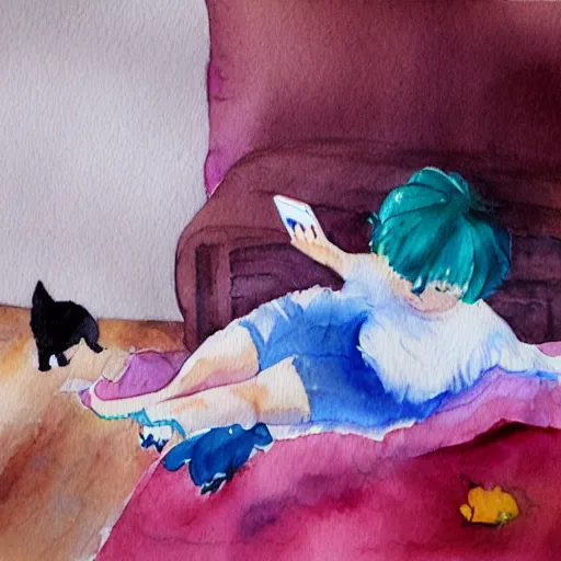 Prompt: a girl is lying on the bed and playing with her mobile phone, a ragdoll cat is lying on the side, watercolor painting