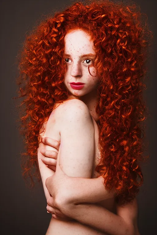 Image similar to a photo portrait of a beautiful red girl with curls and lots of freckles, Low-key lighting, dramatic, single light source, art photography in style of Annie Leibovitz, pastels color , sigma art 85 mm f 1.4, dark background , high quality, 8k.