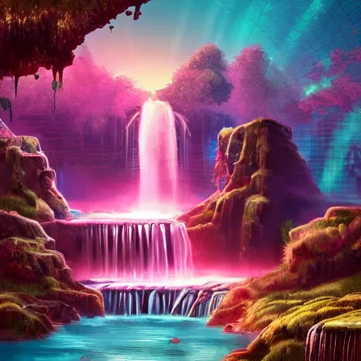 Image similar to ancient structures and waterfalls, retrowave epic art, trending on art station