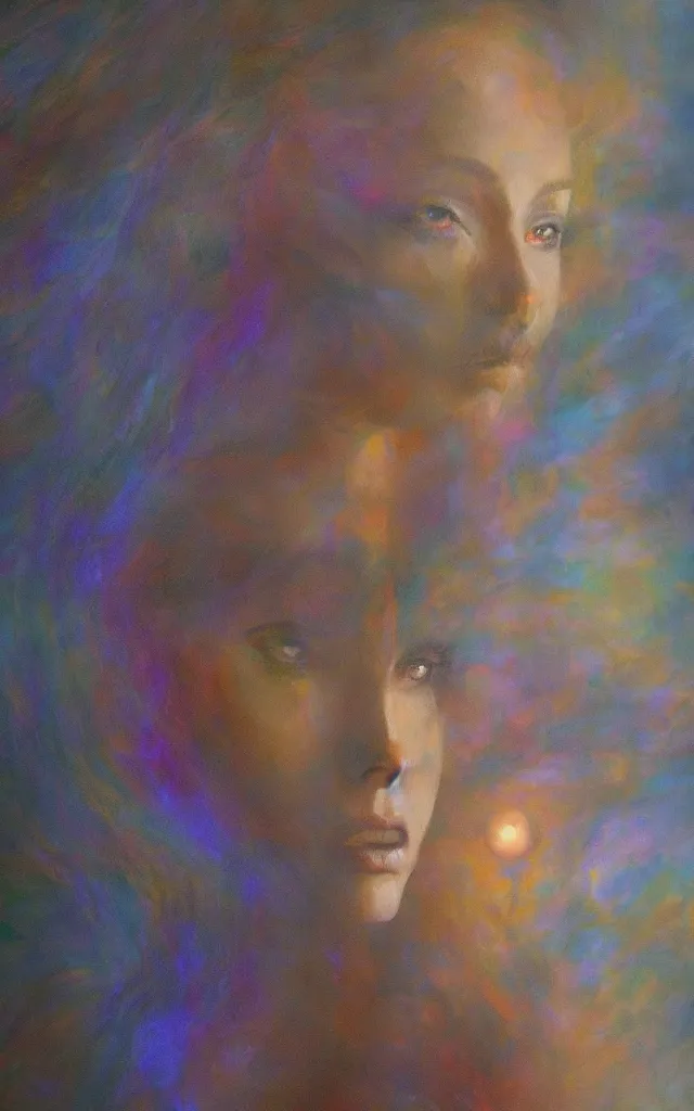 Image similar to iridescent spirit of desire and fear cruel beautiful spirit androgynous with golden eyes lunar mythos ambient fog, award winning oil painting, distinct color palette