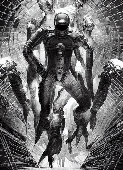 Image similar to astronauts in dark and empty void underwater - complex and hyperdetailed technical suit. reflection and dispersion materials. rays and dispersion of light. volumetric light. 5 0 mm, f / 3 2. noise film photo. flash photography. ultra realistic, wide angle. poster by wayne barlowe, hajime sorayama aaron horkey, craig mullins