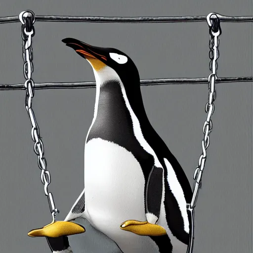 Image similar to realistic penguin sitting on a huge swing, hyper detailed, trending on artstation