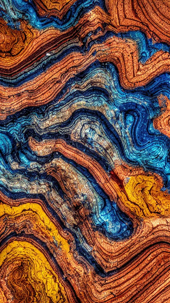 Image similar to vivid color, folded, tessellated planes of rock, alien sedimentary schematic, igneous rock, marbled veins, macro photography, 3D!!! diorama, depth of field with layers of strata, mineral grains, dramatic lighting, rock texture, sand by James jean, geology, octane render in the style of Luis García Mozos