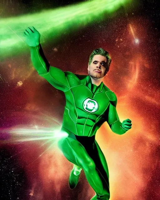 Prompt: photos of actor Christopher Reece as a Green Lantern soaring thru outer space, photogenic, spit-curl in hair, particle effects, photography, studio lighting, cinematic