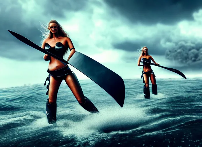 Prompt: dramatic photo of viking women with huge futuristic axes riding on jet skis, wearing skin - tight futuristic valkerie bikinis, rough seas in background, lightning storms, water world, mad max, hyper - realistic, highly detailed, accurate, 8 k octane render, 2 8 mm, wide angle, rule of thirds