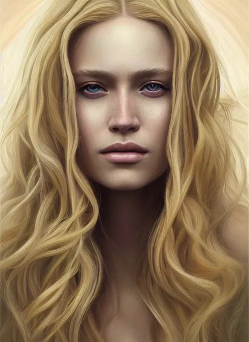 Image similar to a painting of a woman with long blonde hair, a photorealistic painting by magali villeneuve, featured on cgsociety, fantasy art, detailed painting, photorealistic