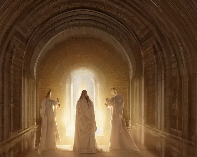 Image similar to inside a tomb, light coming in from the left, 2 angels with wings | 3 women in robes, fibonacci composition, by artgerm, greg rutkowski, craig mullins