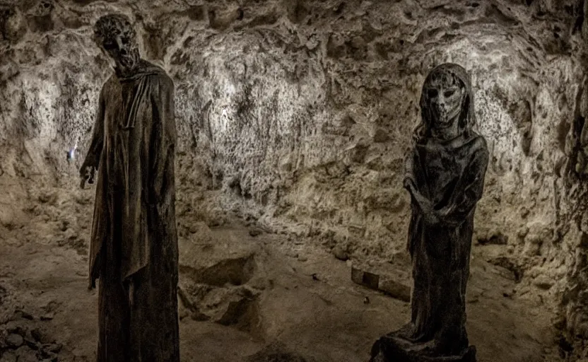 Prompt: several decrepit creepy statues of the archangel gabriel staring and smirking at the camera, placed throughout a dark claustrophobic old catacomb cavern, realistic, pitch black, depth of field, wide shot, sinister, bad lighting, foreboding, blurry grainy photo