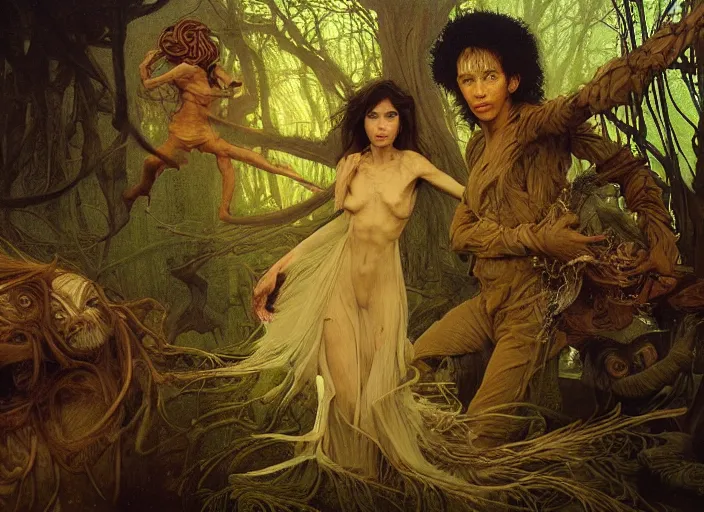 Image similar to jim henson's labyrinth. land of yore. the fairies in the bog of eternal stench flicker with pale fire like willo'- the - wisps. edgar maxence and caravaggio and michael whelan and delacroix style, artistic, intricate painting, cinematic lighting, hyper realistic, extremely detailed, vivid colors, establishing shot, dramatic lighting