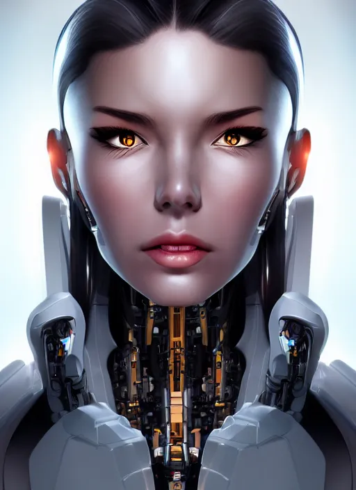 Image similar to portrait of a cyborg woman by Artgerm, (((((face turns left))))) ((((((face turns right)))))), eyes closed , biomechanical, hyper detailled, trending on artstation