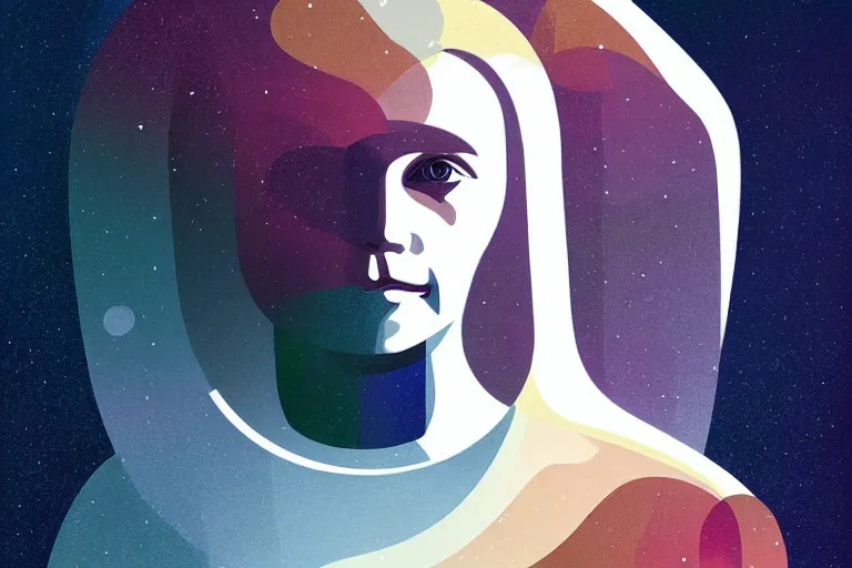 Image similar to editorial illustration by Karolis Strautniekas and Mads Berg , full body portrait of a young astronaut girl with flowing white hair, colorful, fine texture,detailed, muted colors,film noir, dramatic lighting, dynamic composition,moody, vivid, matte print,moody