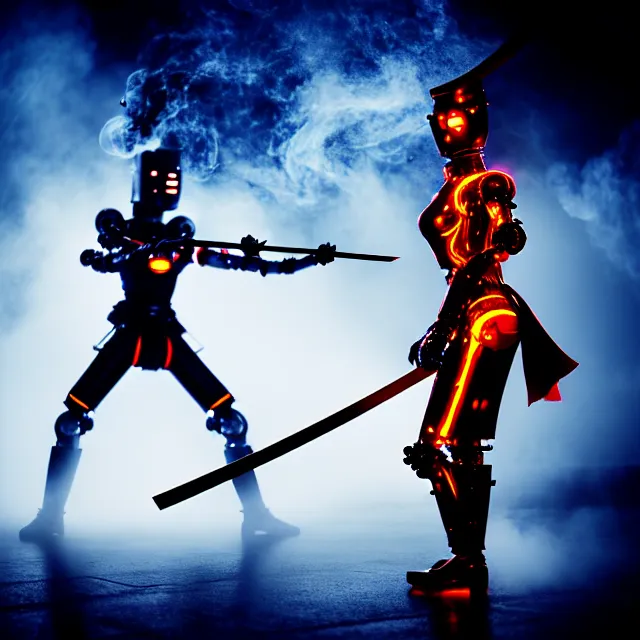 Prompt: robot woman fire dance holding katana, detailed bushido pose energy, shibuya prefecture, cinematic lighting, fog mist smoke, photorealistic, night photography by tomino - sama