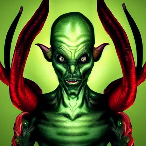 Prompt: realistic alien, medium shot portrait, devil horns,,!!!!! human eyes!!!!!!, green body. red eyes, background flames