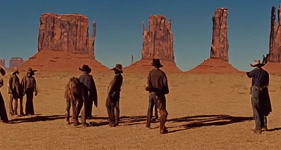 Image similar to film still showing cowboys looking at a gigantic abstract sculpture in the desert directed by Sergio Leone, western, monument valley, cinemascope, technicolor