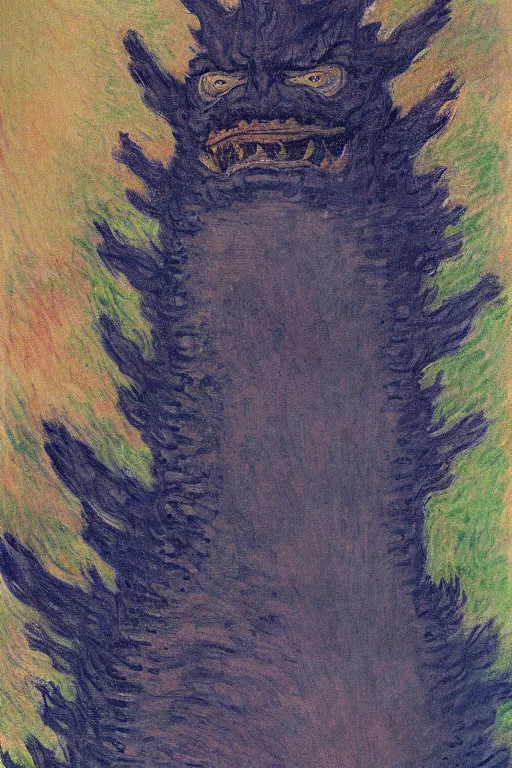 Image similar to portrait of shinzo abe face on Godzilla painting by claude monet