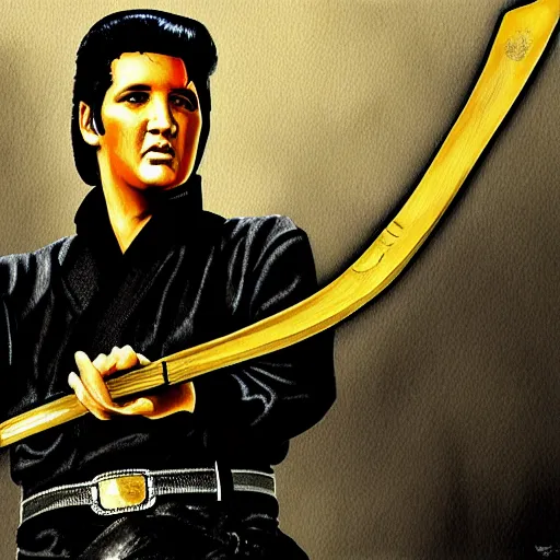 Image similar to elvis presley standing in a fighting stance holding a katana by the hilt with both hands ready to strike, realistic, digital painting, detailed,